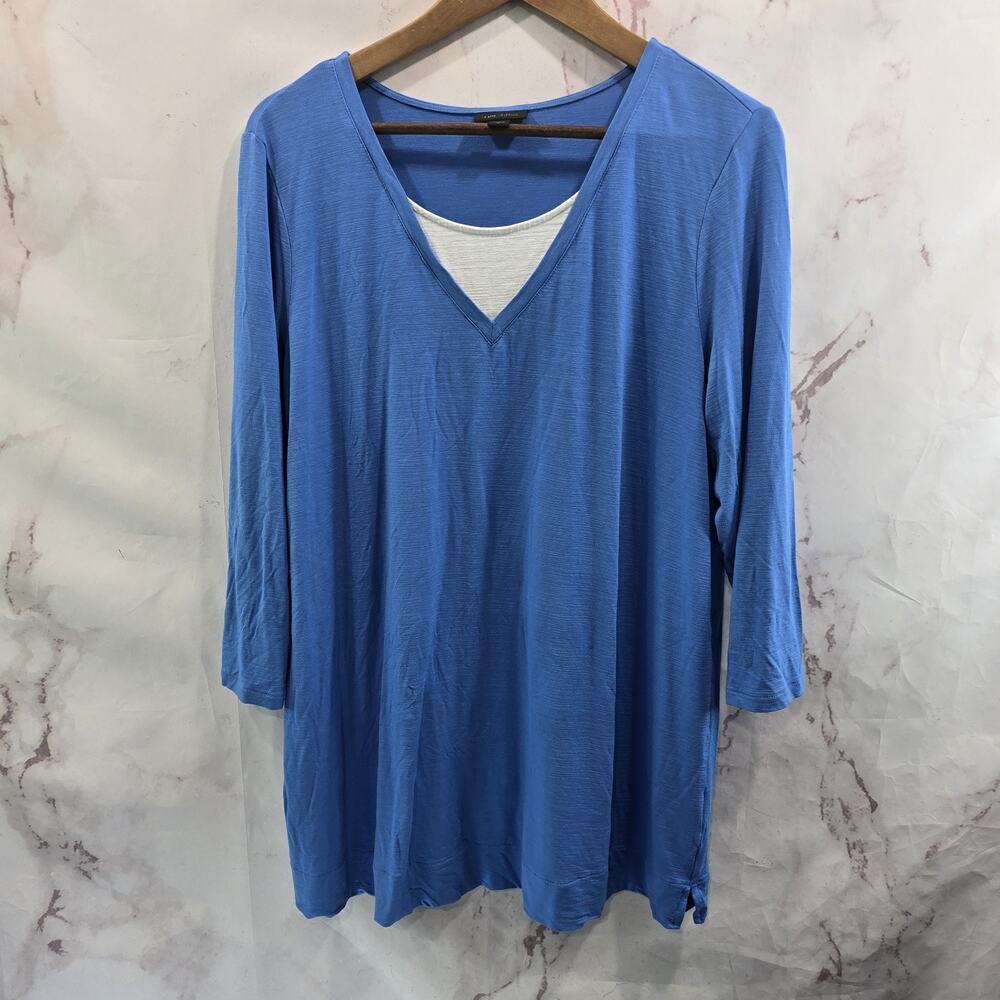 J Jill Shirt Women Medium Blue White Long Sleeve Wearever Two Fer Undershirt